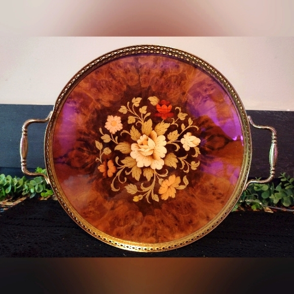 Other - Vtg. Lacquered Wood and Brass Serving Tray, Beautiful!